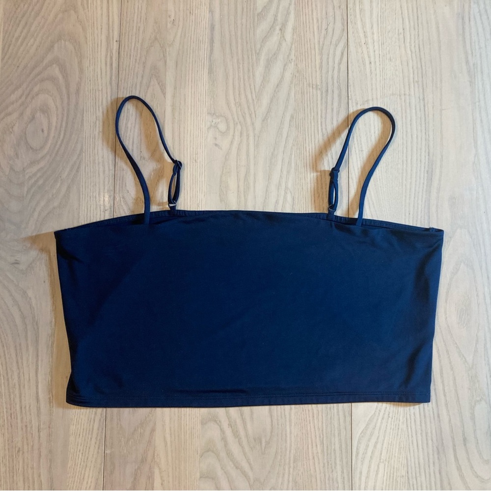 Express Silky Square Neck Double Layer Body Contour Cropped Cami in Navy Blue